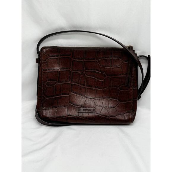 Fossil Brown Alligator Print Leather Shoulder Crossbody Travel Old Money Preppy - Picture 1 of 11